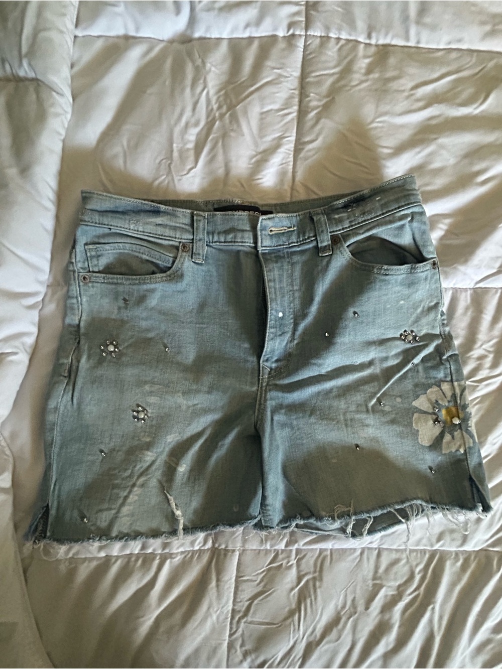 Express Light Blue Denim Shorts with Floral Patch & Studs